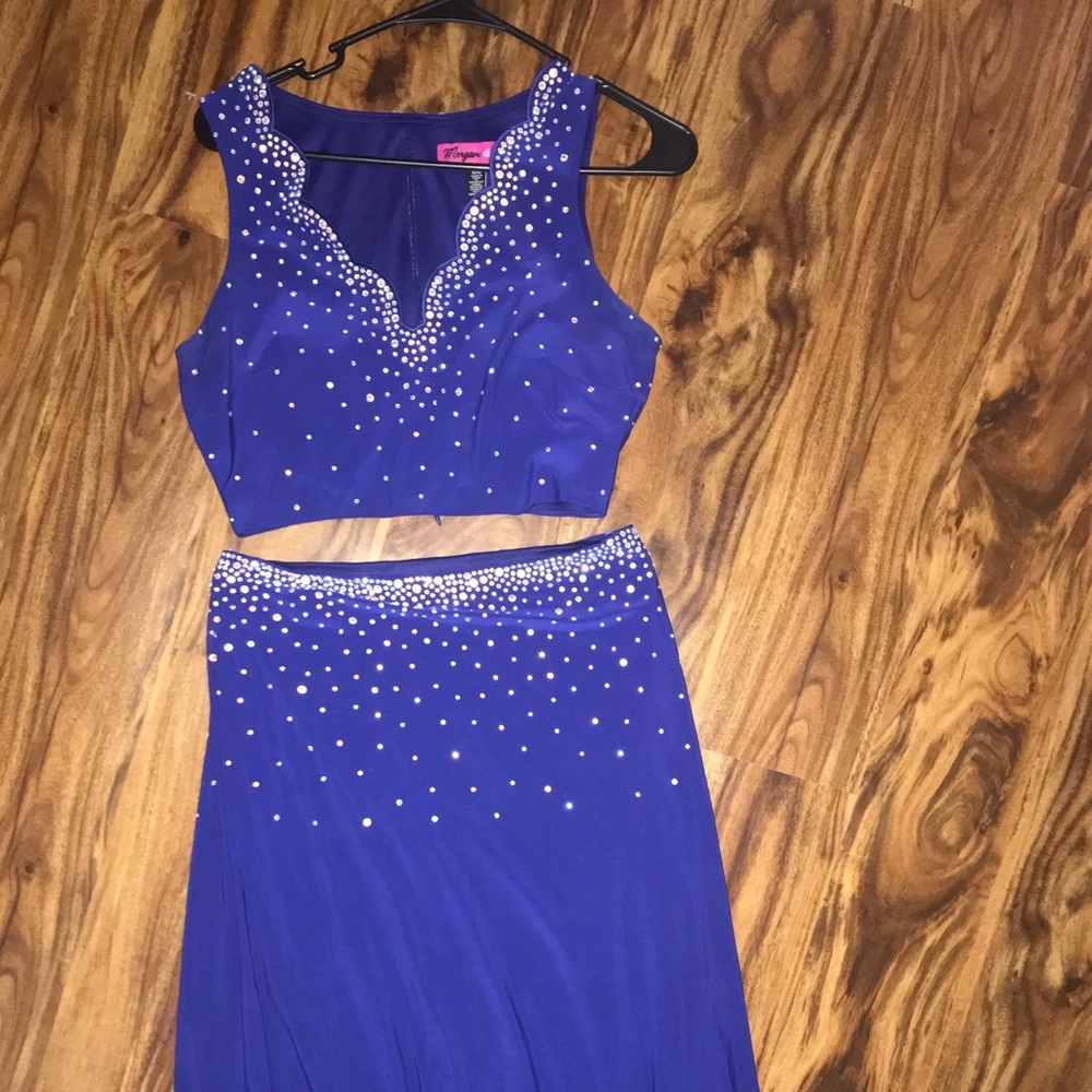 blue two piece prom dress